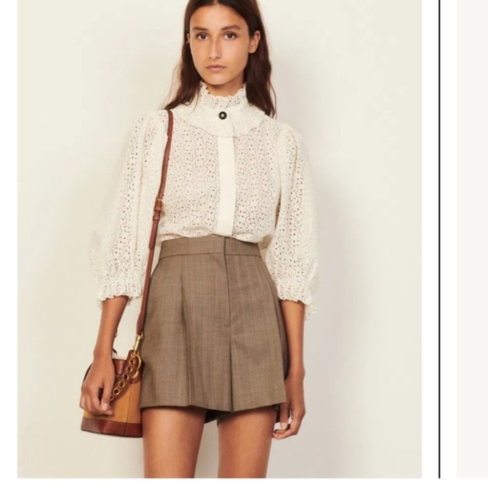 SANDRO Paris Brown Checked Pleates Dress Shorts Size 36 US 4